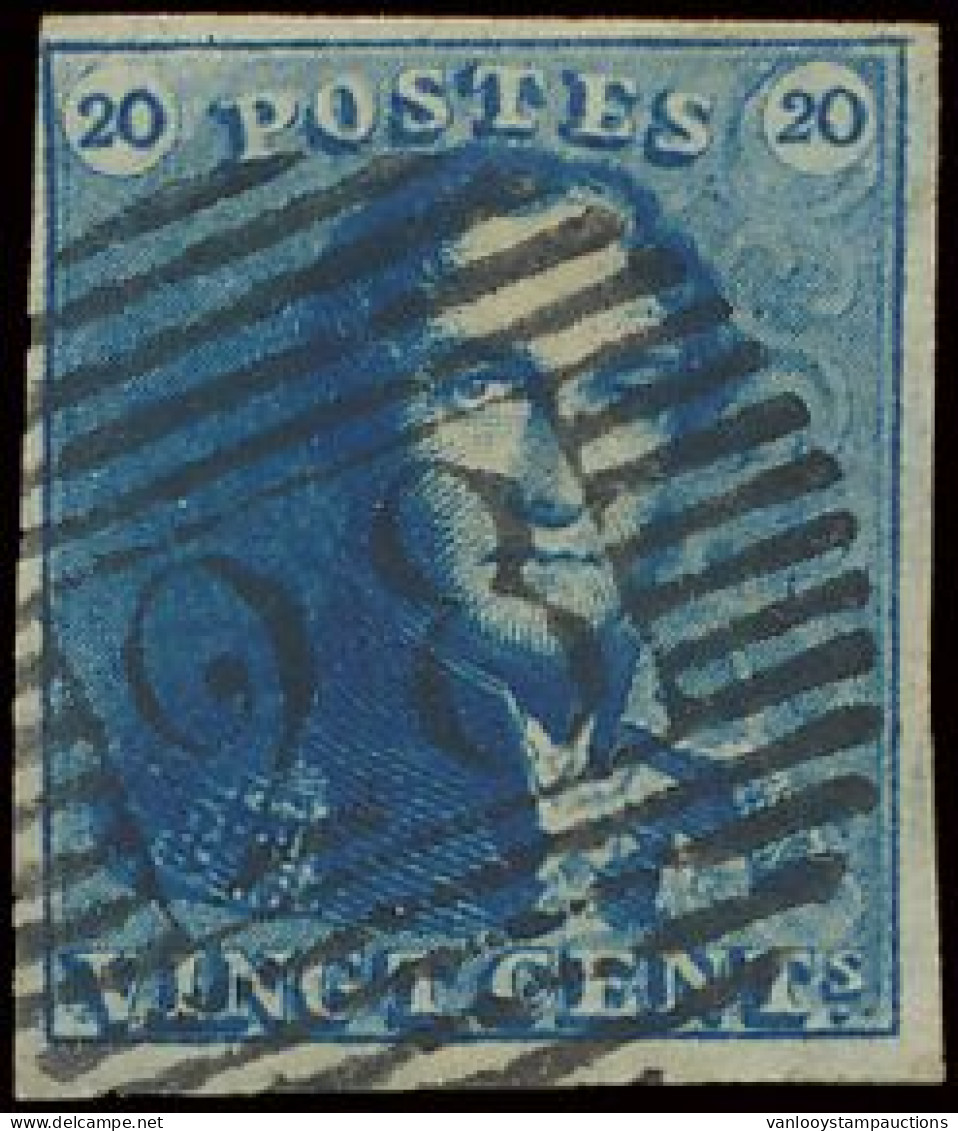 N° 2b 20c. Donkerblauw, Prachtige Tint, Zeer Goed Gerand En Zeer Mooie Centrale, Ogenvrije Afst. P.28-Ciney, Zm (OBP €70 - 1849 Schulterklappen