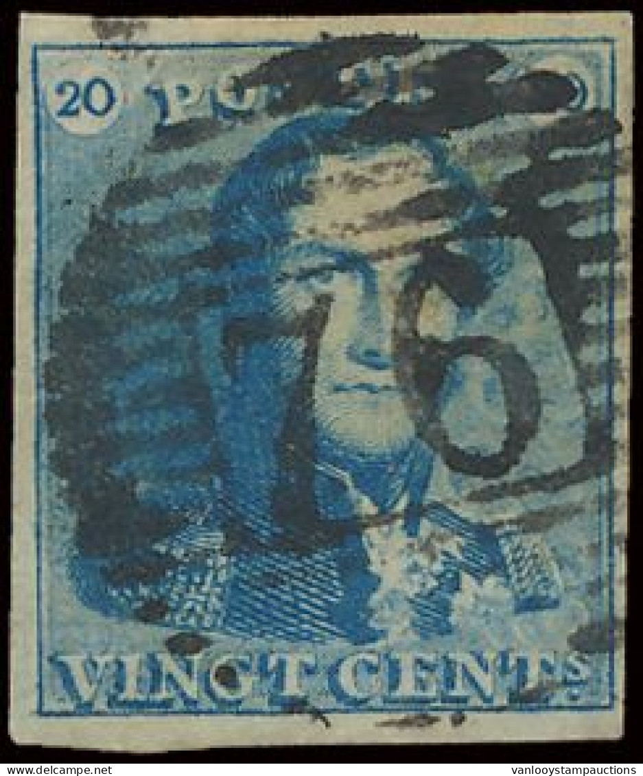 N° 2e 20c. Groenblauw, Zeer Goed Gerand, Zeer Mooie Centrale Afst. P.76-Louvain, Zm (OBP €300 + COBA €5) - 1849 Schulterklappen