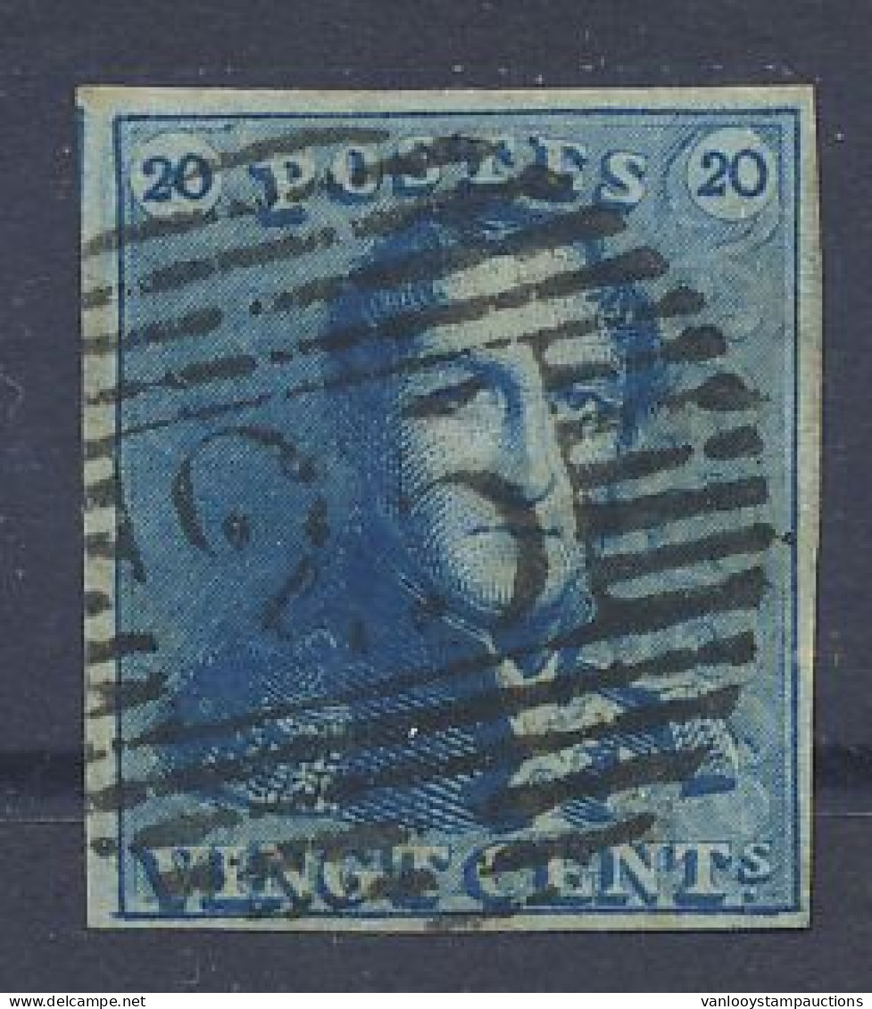 N° 2 20c. Blauw, Goed Gerand + Gebuur En Zeer Mooie Centrale, Ogenvrije Afst. P.25-Charleroi, Zm (OBP €60 + COBA €5) - 1849 Schulterklappen