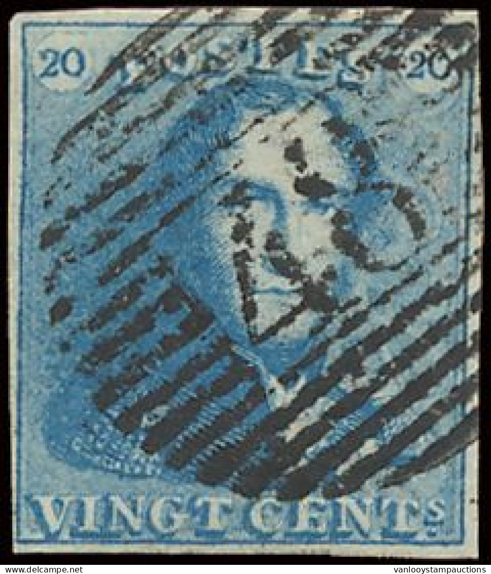 N° 2 20c. Blauw, Goed Gerand, Zeer Mooie Centrale, Ogenvrije Afst. P.48-Gemappe, Zm (OBP €60 + COBA €70) - 1849 Schulterklappen