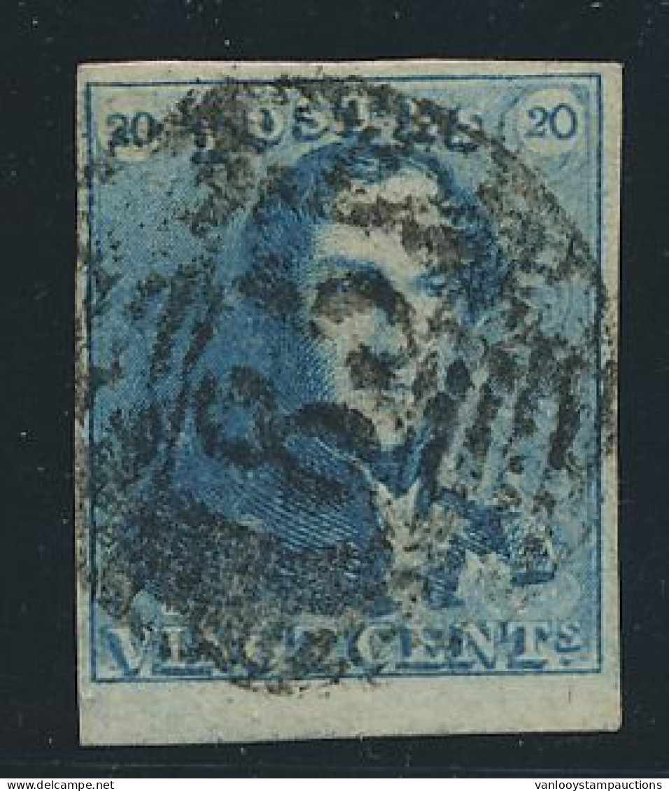 N° 2 20c. Blauw, Breed Gerand + Bladboord En Wat Vette Centrale Afst. P.85-Namur, Zm (OBP €60 + COBA €5) - 1849 Schulterklappen