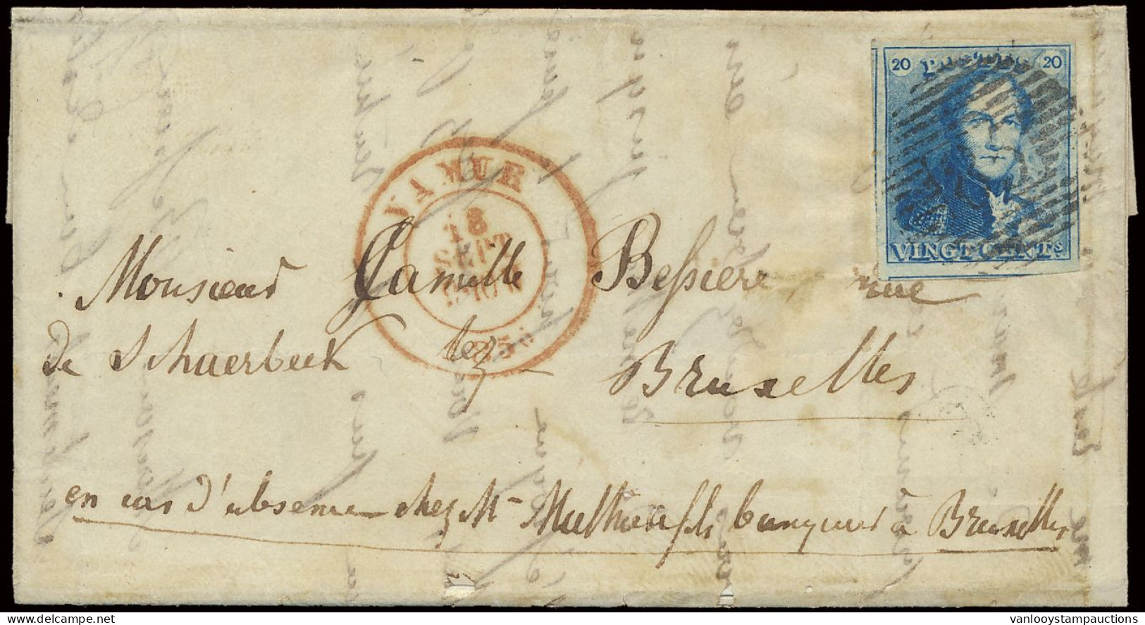 18/9/1850 N° 2 20c. Blauw, Zeer Breed Gerand + 3 Geburen Op Mooie Brief Van P.85-Namur Naar Bruxelles, Zm (OBP €150 + CO - 1849 Schulterklappen