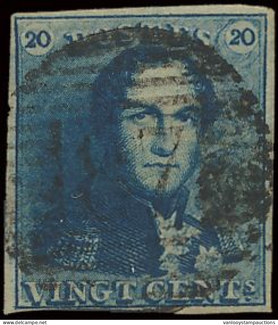 N° 2 20c. Blauw, Onderaan Nipt, Maar Intact En Verder Goed Gerand, Zeer Mooie Centrale Afst. P.87-Nieuwpoort, Zm (OBP €5 - 1849 Epaulettes