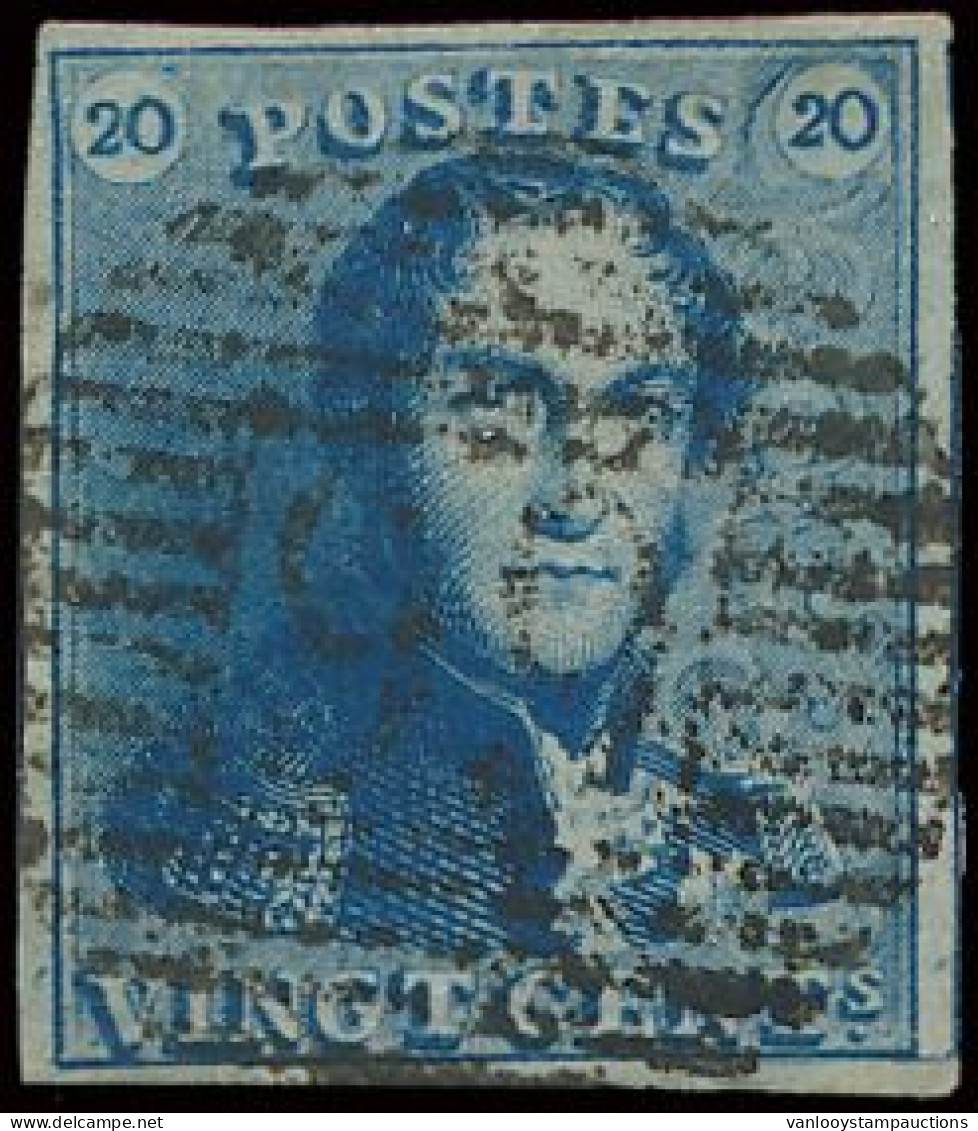 N° 2 20c. Blauw, Zeer Goed Gerand + Gebuur En Zeer Mooie Centrale, Ogenvrije Afst. P.99-Quiévrain, Zeldzaam, Zm (OBP €60 - 1849 Schulterklappen