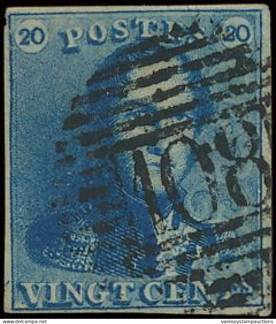 N° 2 20c. Blauw, Goed Gerand En Mooie Centrale, Ogenvrije Afst. P.108-Soignies, Zm (OBP €60 + COBA €100) - 1849 Schulterklappen