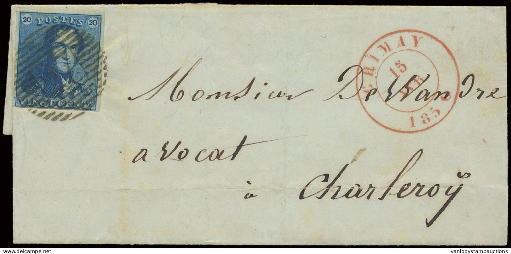 1850 N° 2A 20c. Blauw, Zeer Goed Gerad En Prachtige Centrale Afst. P.27-Chimay Op Zeer Mooie Brief Van Chimay Naar Charl - 1849 Hombreras