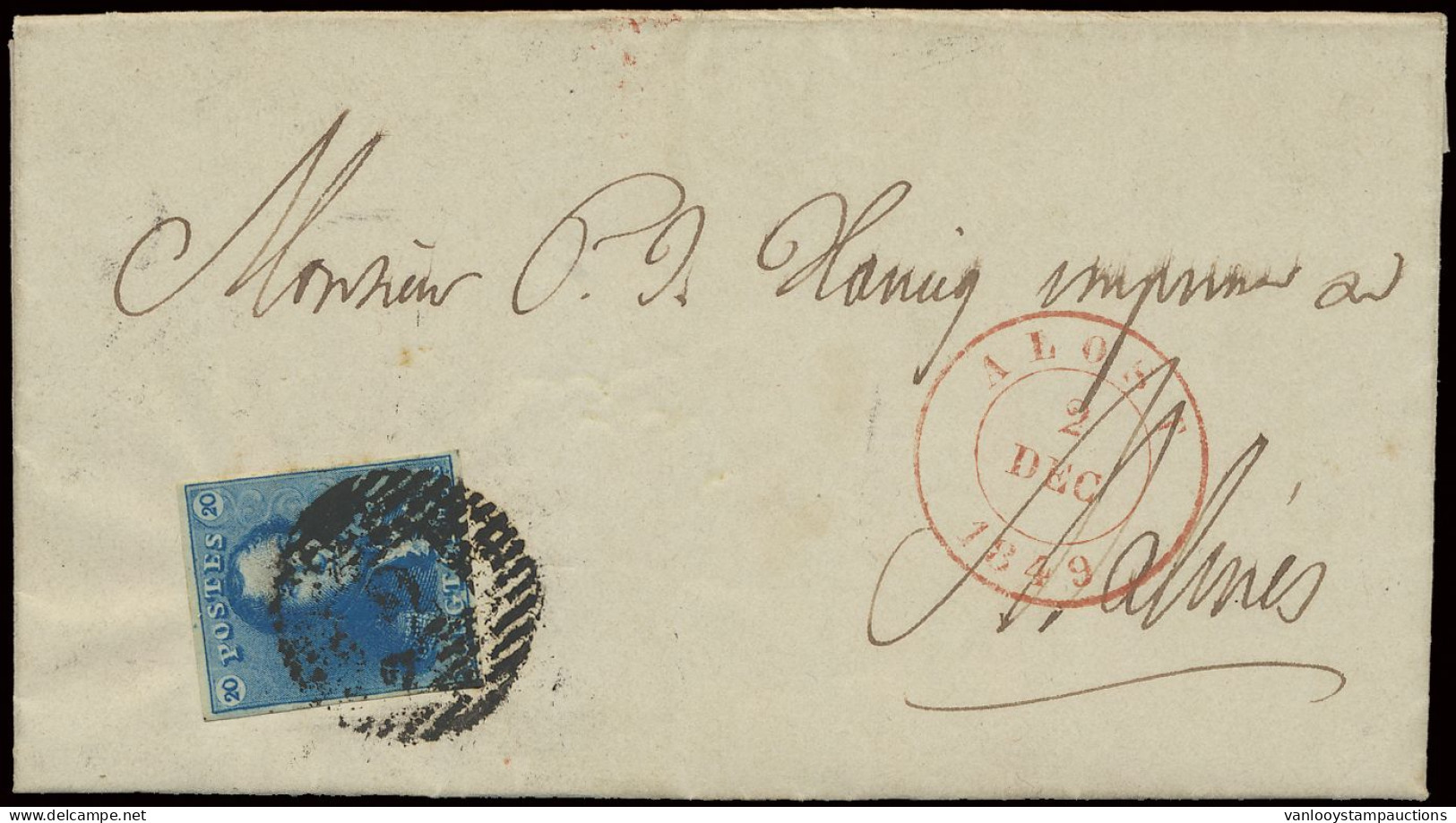 1849 N° 2A 20c. Blauw, Goed Gerand Op Mooie Brief Van P.2-Alost, Naar Malines, 2/12/1849, Zm (OBP €150 + COBA €15) - 1849 Epaulettes