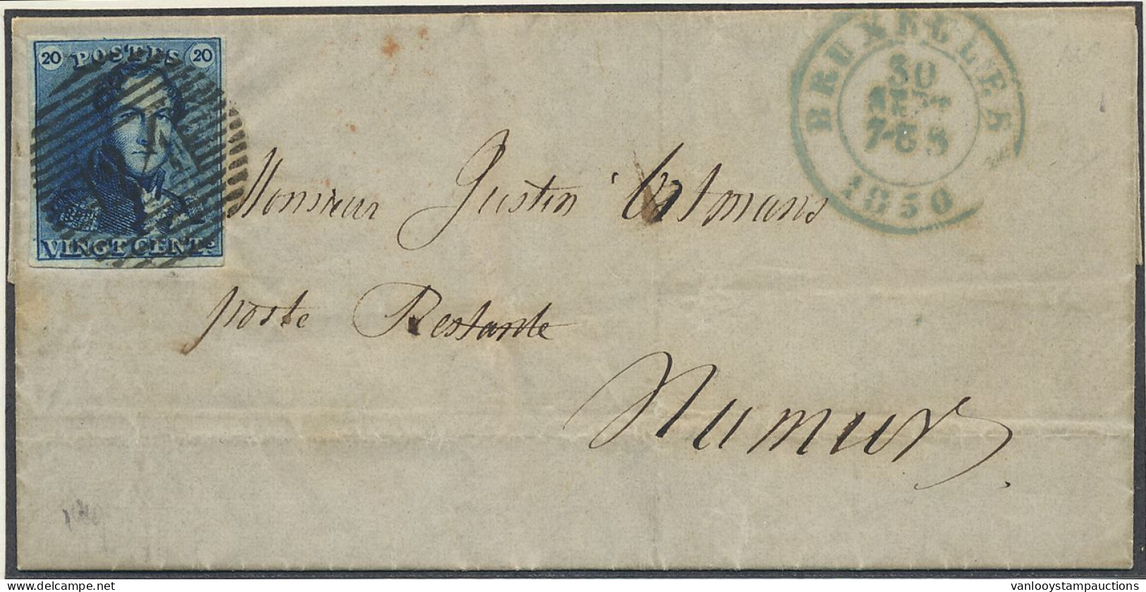 N° 2A 20c. Blauw, Zeer Goed Gerand Op Zeer Mooie Brief Van P.24-Bruxelles Naar Namur, 30/9/1850, Zm (OBP €150) - 1849 Mostrine