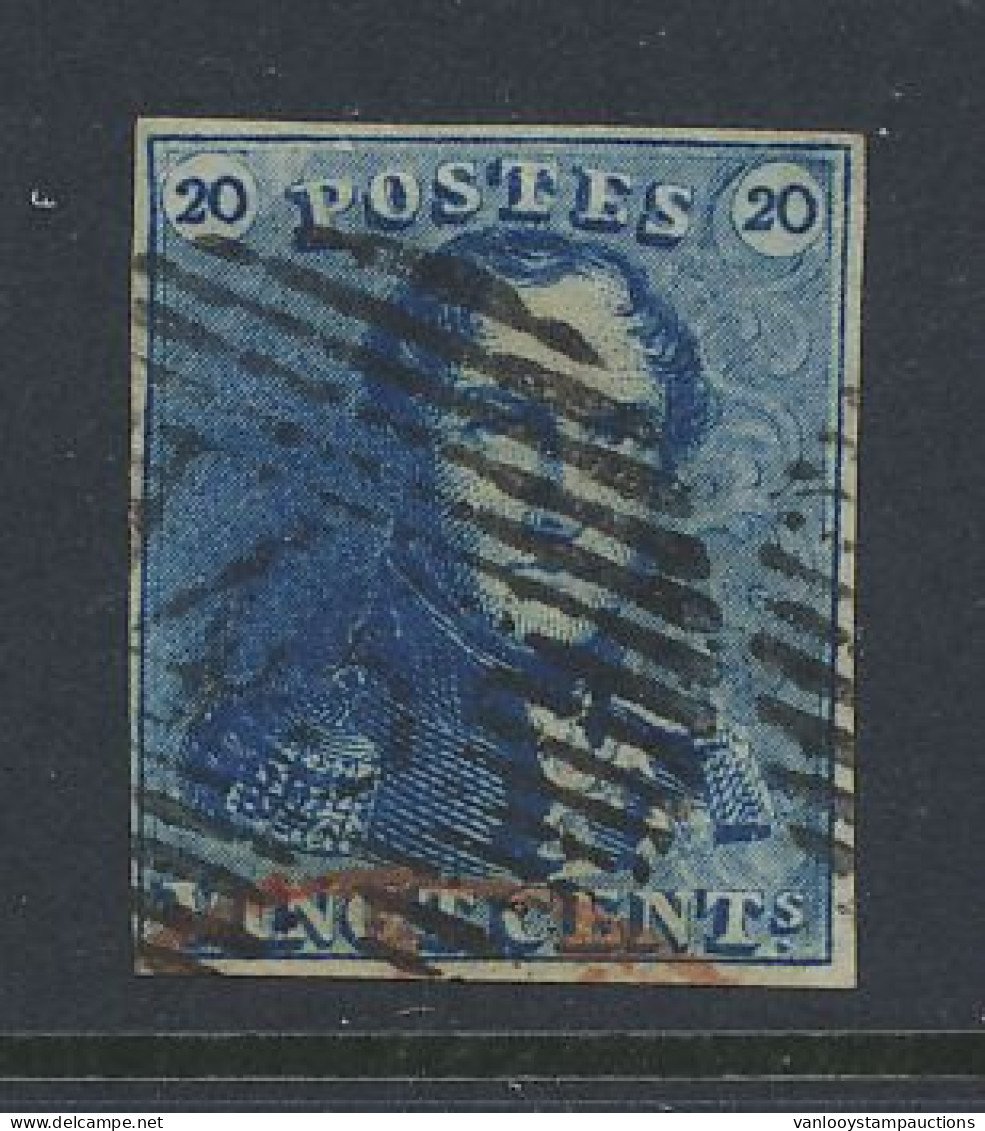 N° 2A '20c Blauw' Zeer Mooi Gerand, Afst. P. 45 Gent, Restant Zichtbaar Vd Rode Vertrekstempel, Zm (OBP € 60) - 1849 Epaulettes