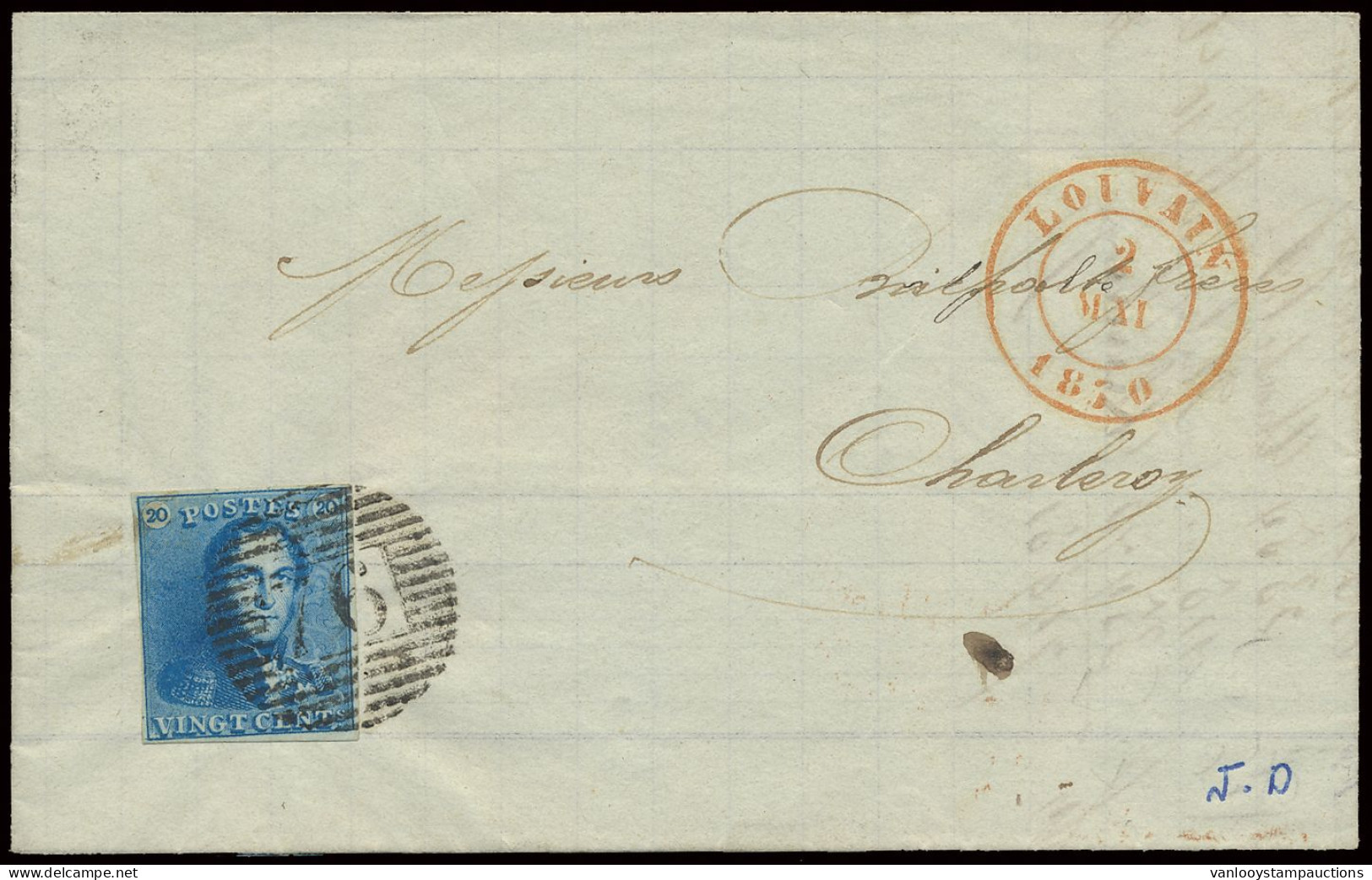 1850 N° 2A 20c. Blauw, Volrandig Op Mooie Brief Van P.76-Louvain Naar Charleroi 2/5/1850, Zm (OBP €150 + COBA €5) - 1849 Epaulettes