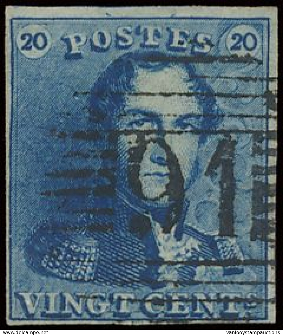 N° 2A 20c. Blauw, Donkere Tint, Goed Gerand, Zeer Mooie Centrale, Ogenvrije Afst. P.91-PECQ, Zm (OBP €60 + COBA €100) - 1849 Schulterklappen