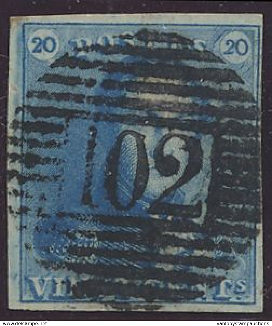 N° 2A 20c. Blauw, Zeer Goed Gerand, Zeer Mooie Centrale Afstempeling P.102-Roulers, Zegel N° 28 Van Plaat II, Zm (OBP €6 - 1849 Epaulettes