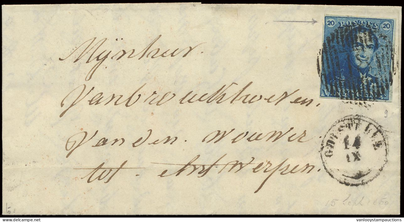 N° 2A 20c. Blauw, Goed Gerand, Op Zeer Mooie Brief Van D.18-Ghistelle, Centraal Geplaatst Naar Antwerpen, Zm (OBP €150 + - 1849 Mostrine