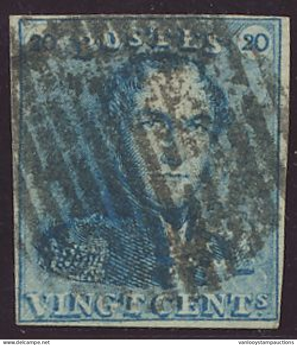 N° 2A 20c. Blauw, Volrandig En Mooie Centrale, Ogenvrije, Rurale Afst. 14 Balken, Zeldzaam, Zm/m (OBP €60 + COBA €100) - 1849 Epaulettes