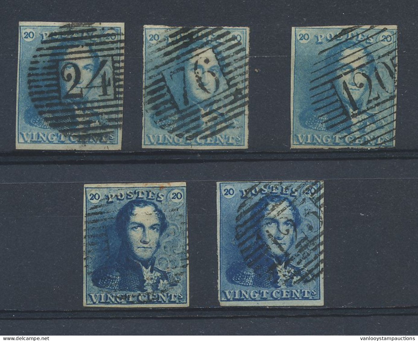 N° 2 (3x) + 2A (2x) 20c. Blauw, 5 Volrandige Zegels Zonder Gebreken En Mooi Gest. W.o. P.76, P.120 En P.123, Zm (OBP €30 - 1849 Hombreras
