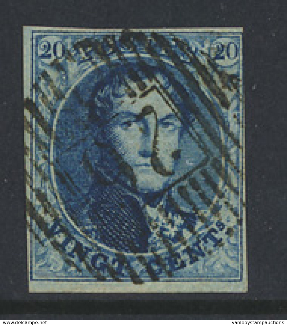 N° 7 20c. Blauw, Rechtsboven Nipt, Maar Intact En Mooie Centrale Distributiestempel D.26-Hoogstraeten, Zm (OBP €10 + COB - 1851-1857 Médaillons (6/8)