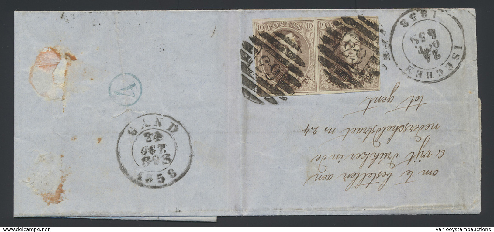 1858 N° 10A 10c. Bruin In Breed Gerand Paar Op Brief P.63-Iseghem, 8 Baren Naar Gand, 24/10/1858, Zm (OBP €75 + COBA €20 - 1957