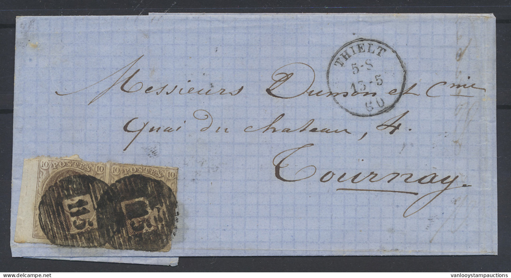 1860 N° 10 10c. Bruin In Paar Op Brief Met Bladboord P.115-Thielt Naar Tournay, 15 Mai 1860, Zm/m (OBP €45 + COBA €24) - 1957