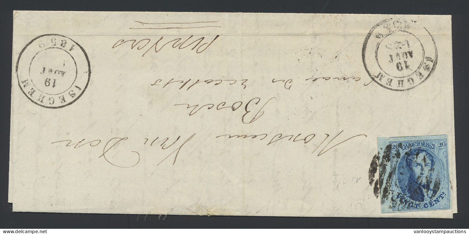 1859 N° 11A 20c. Blauw Met Bladboord Op Brief 19/08/1859 Met P.63-Iseghem, Zm (OBP €20 + COBA €12) - 1957