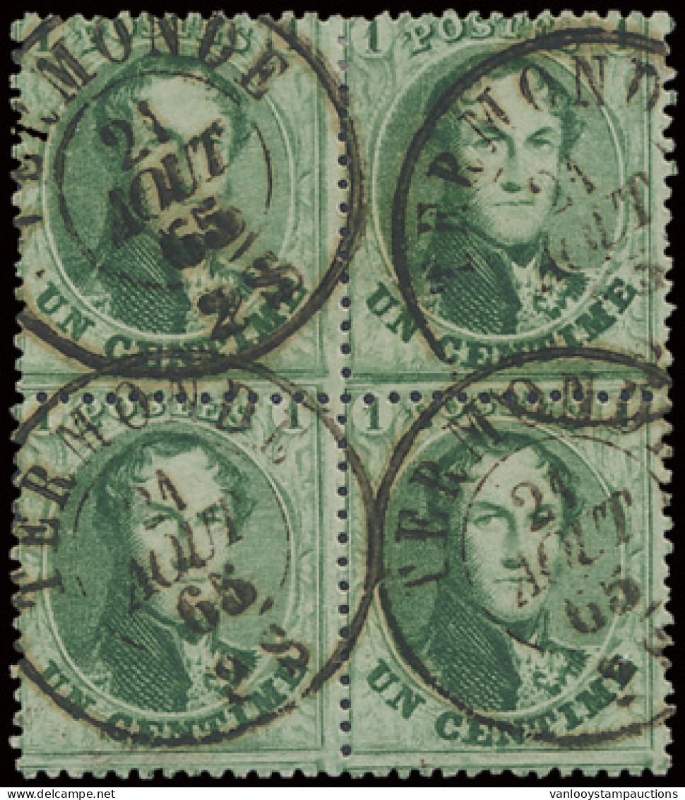 N° 13B '1c Geelgroen, Tanding 14 1/2' (Blok Van 4), Dubbelcirkelafst. Termonde, Prachtex., Bijgevoegd N° 14/15 LP.351, Z - 1863-1864 Medaglioni (13/16)