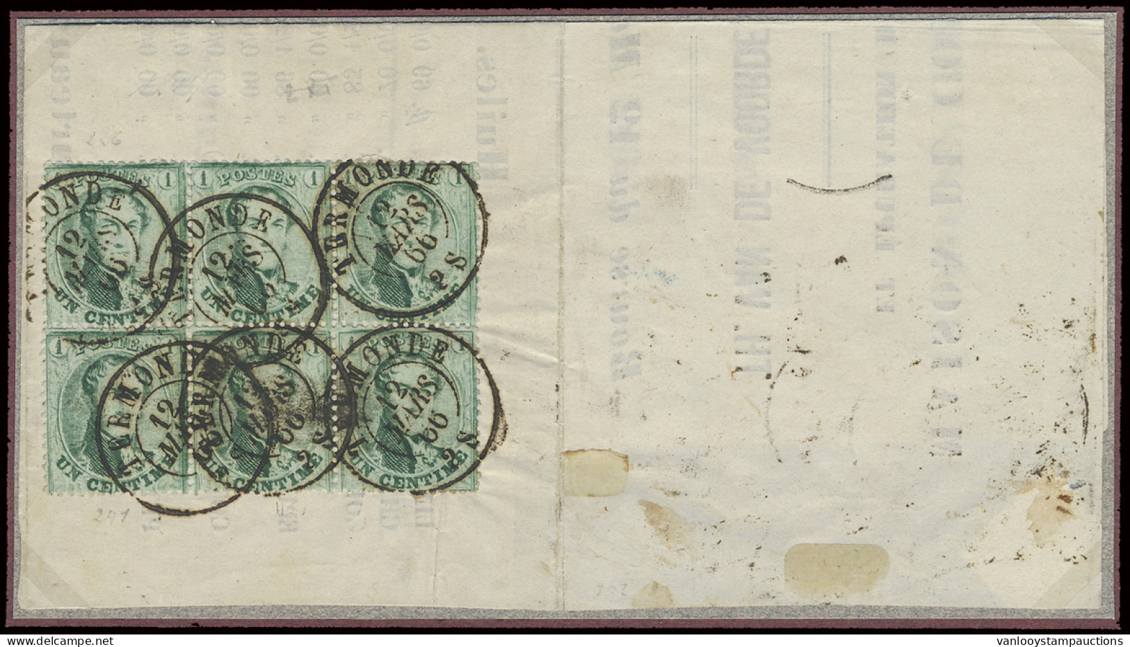 N° 13B '1c Groen, Tanding 14 1/2' (Blok Van 6) Op Drukwerkje Met Prachtige Dubbelcirkelafst. Termonde- UITZONDERLIJK Stu - 1863-1864 Medallions (13/16)