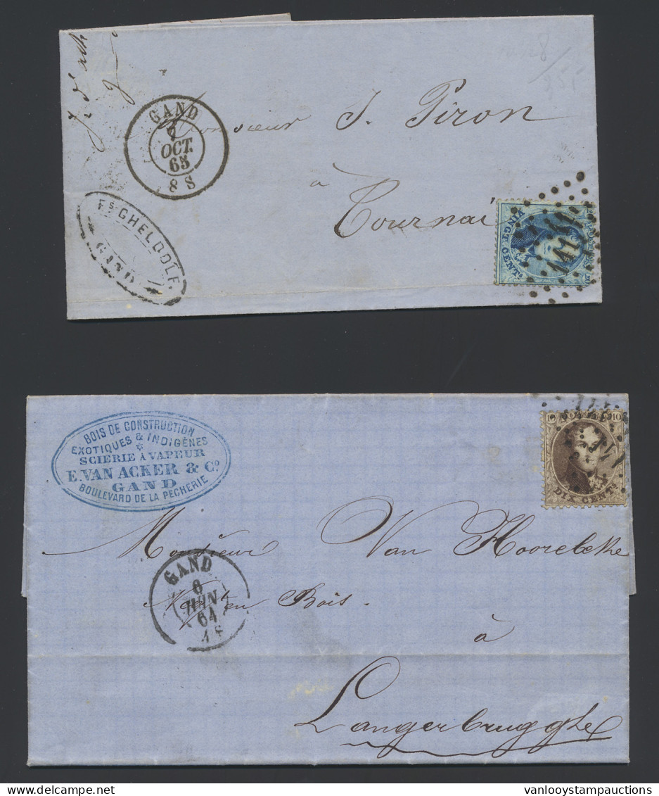 2 Brieven, N° 14 10c. Bruin Met Dubbele Stempel + N° 15 20c. Blauw, Beide LPTS 141 GAND, Zm/m - 1863-1864 Médaillons (13/16)