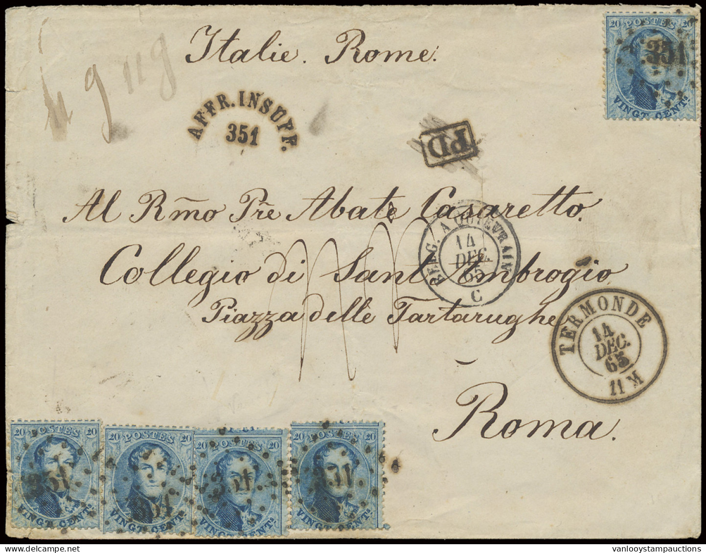 1865, N° 15 B '20c Blauw, Tanding 14 1/2' (5x) Los Op Brief Van Termonde Naar Rome 14/12/1865, Met Speciale Stempel N'Af - 1863-1864 Medaillen (13/16)