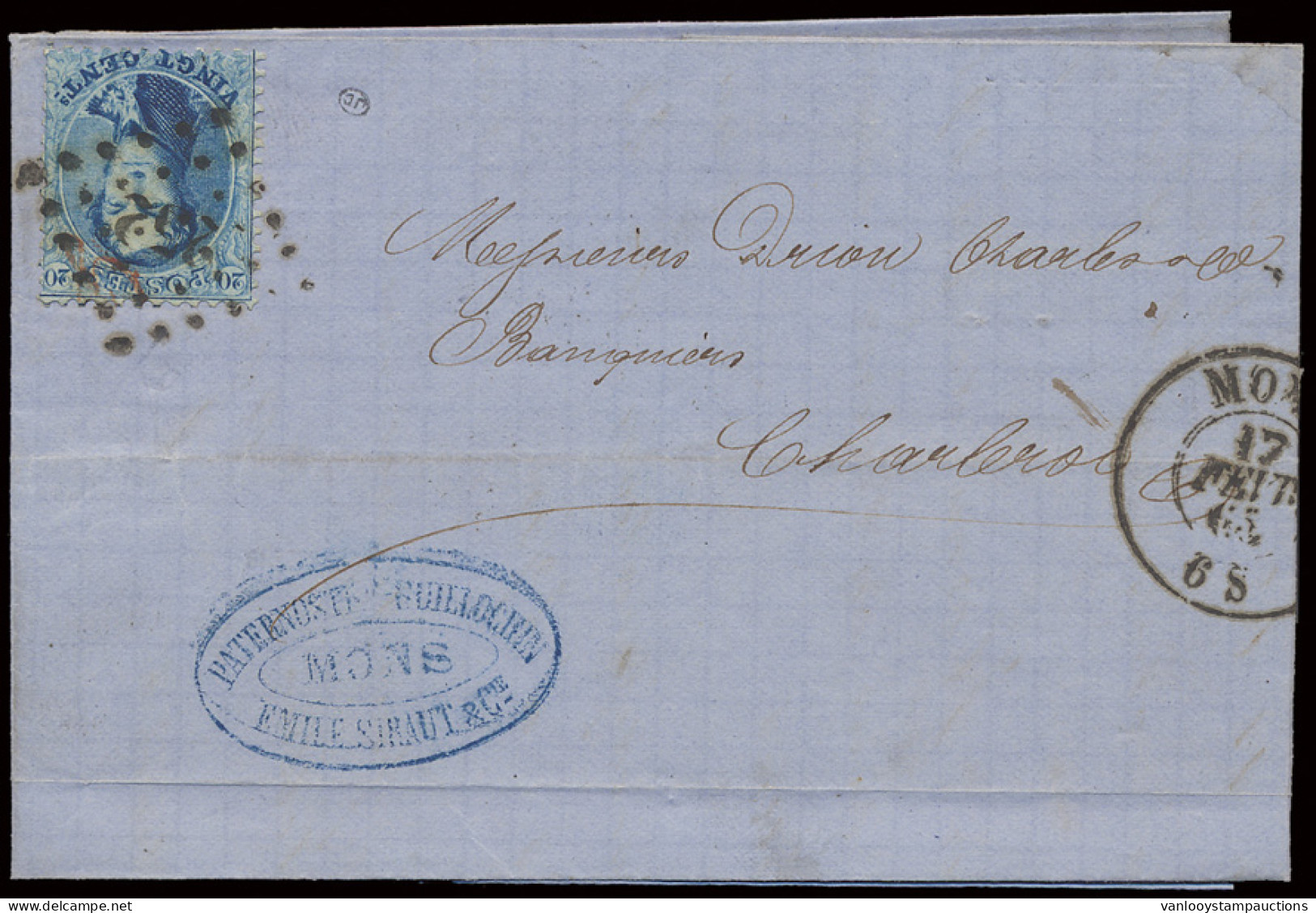 1865 N° 15B Guillochin 20c. Blauw Op Brief Mons 17/02/65, Zeldzaam, Zm (OBP €900) - 1863-1864 Medallions (13/16)