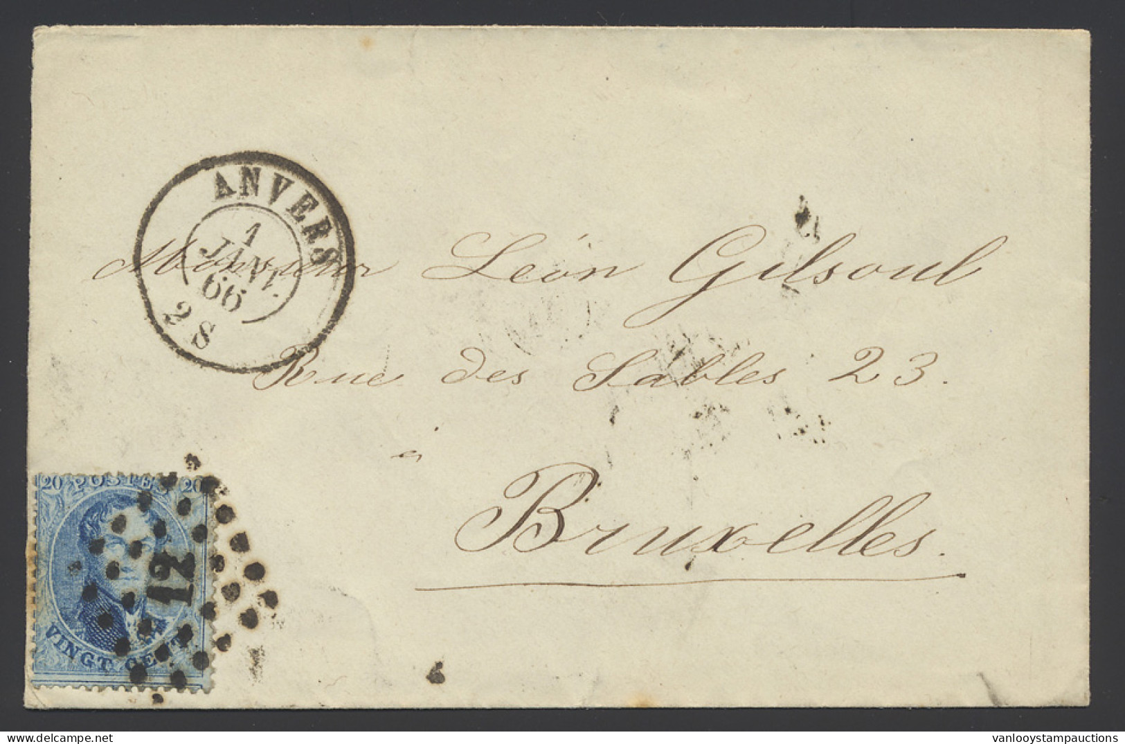 1866 N° 15B 20c. Blauw Op Brief 1 JANV 1866, Laat Gebruik, Zm - 1863-1864 Medaillen (13/16)