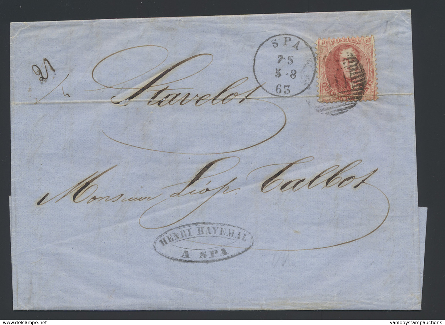 N° 16 40c. Vermiljoen Op Brief, Vierdubbel Port (-30km), P.110-Spa Naar Stavelot, Zm (OBP €75 + COBA €40) - 1863-1864 Medaillen (13/16)