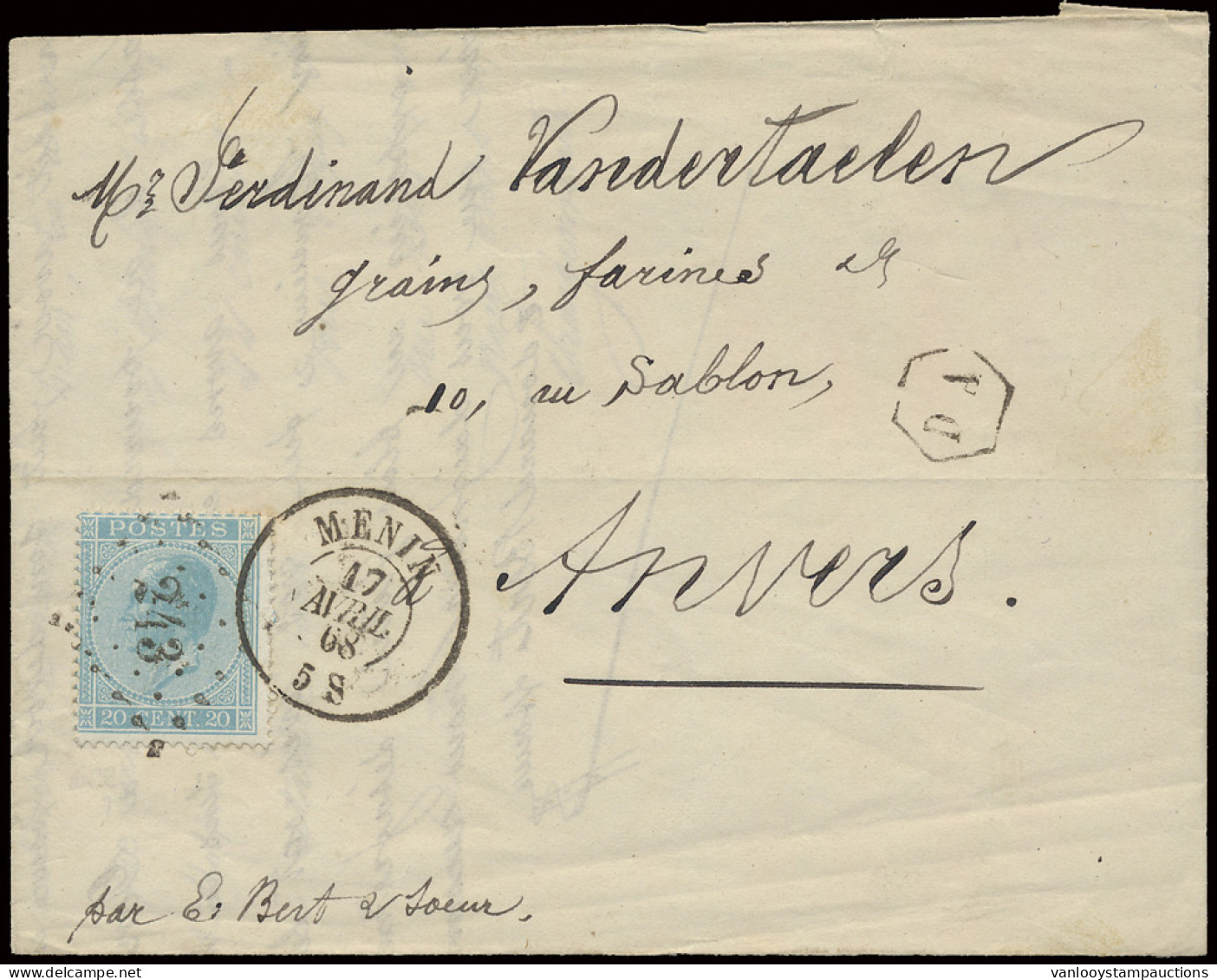 N° 18 Op Brief Met Postbusstempel PA In Hexagonaal, Menin 17 Avril 68 Naar Anvers, Zm - 1865-1866 Linksprofil