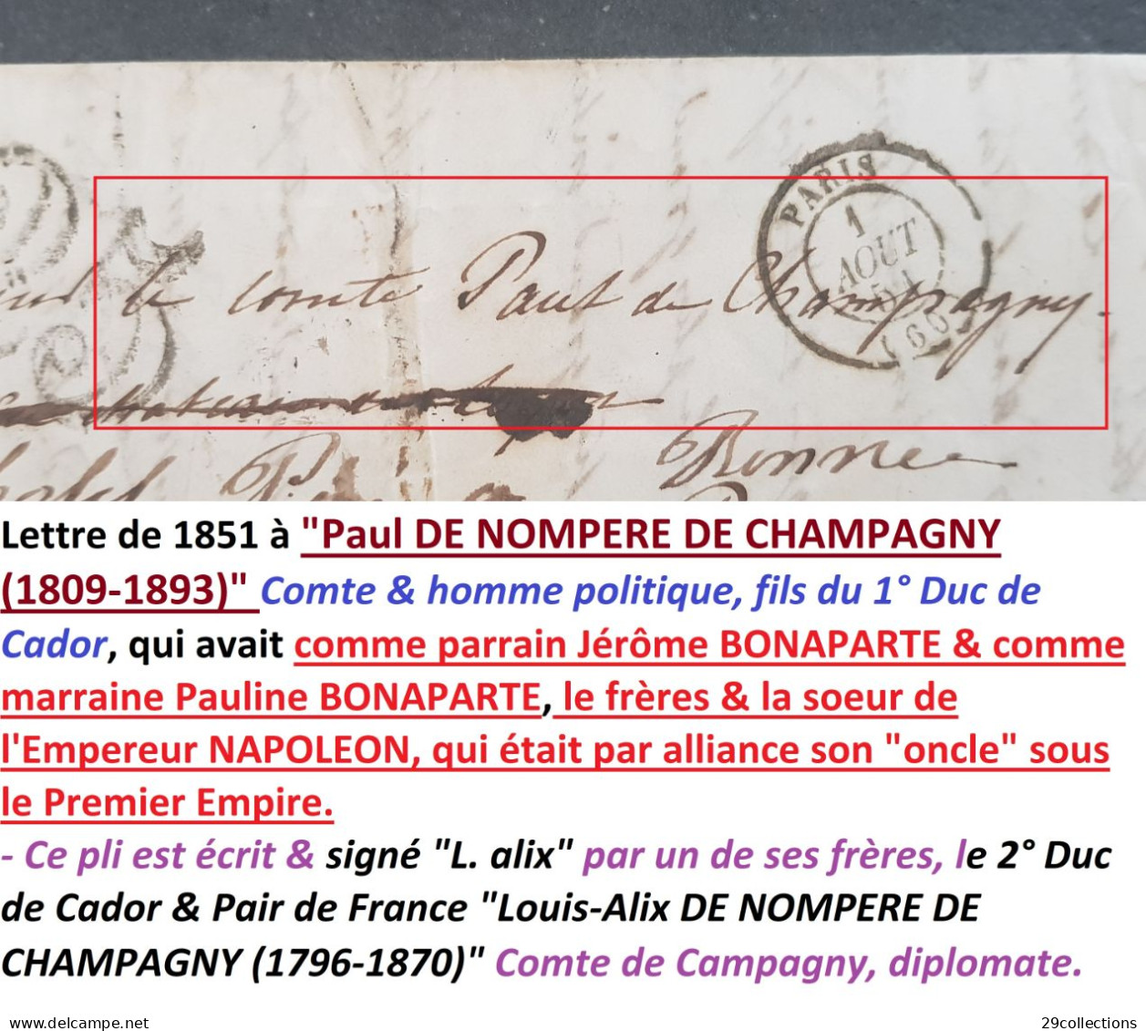 Lettre 1851 Au Comte Paul DE CHAMPAGNY (1809-1893) Filleul De Jérôme & Pauline BONAPARTE, Neveu De L'Empereur NAPOLEON - Historical Figures