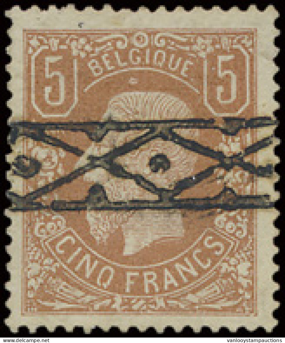N° 37 5fr. Bruinrood, Roulette Afstempeling Iets Verkleurd, Mooie Centrage, Zm/m (OBP €925) - 1869-1883 Léopold II