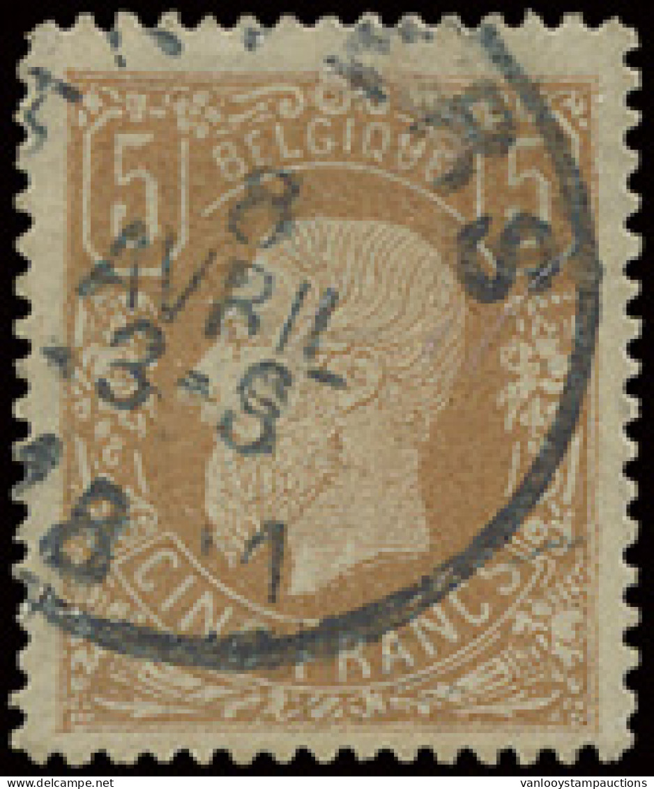 N° 37A 5fr. Lichtbruin Met Diverse Gebreken, O.a. Speldenprik In Stempel Linksonder, Bovenaan Hersteld, Enz., Wel Zeer M - 1869-1883 Léopold II