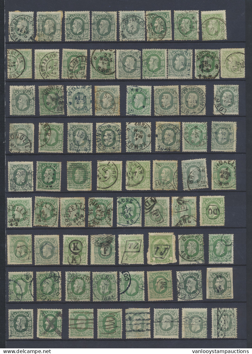 N° 30 '10c Donkergroen'(116x), Stempelstudie Met Relais, Naam, Ambulant En Postbusstempels, Zm/m/ntz. - 1869-1883 Leopold II.