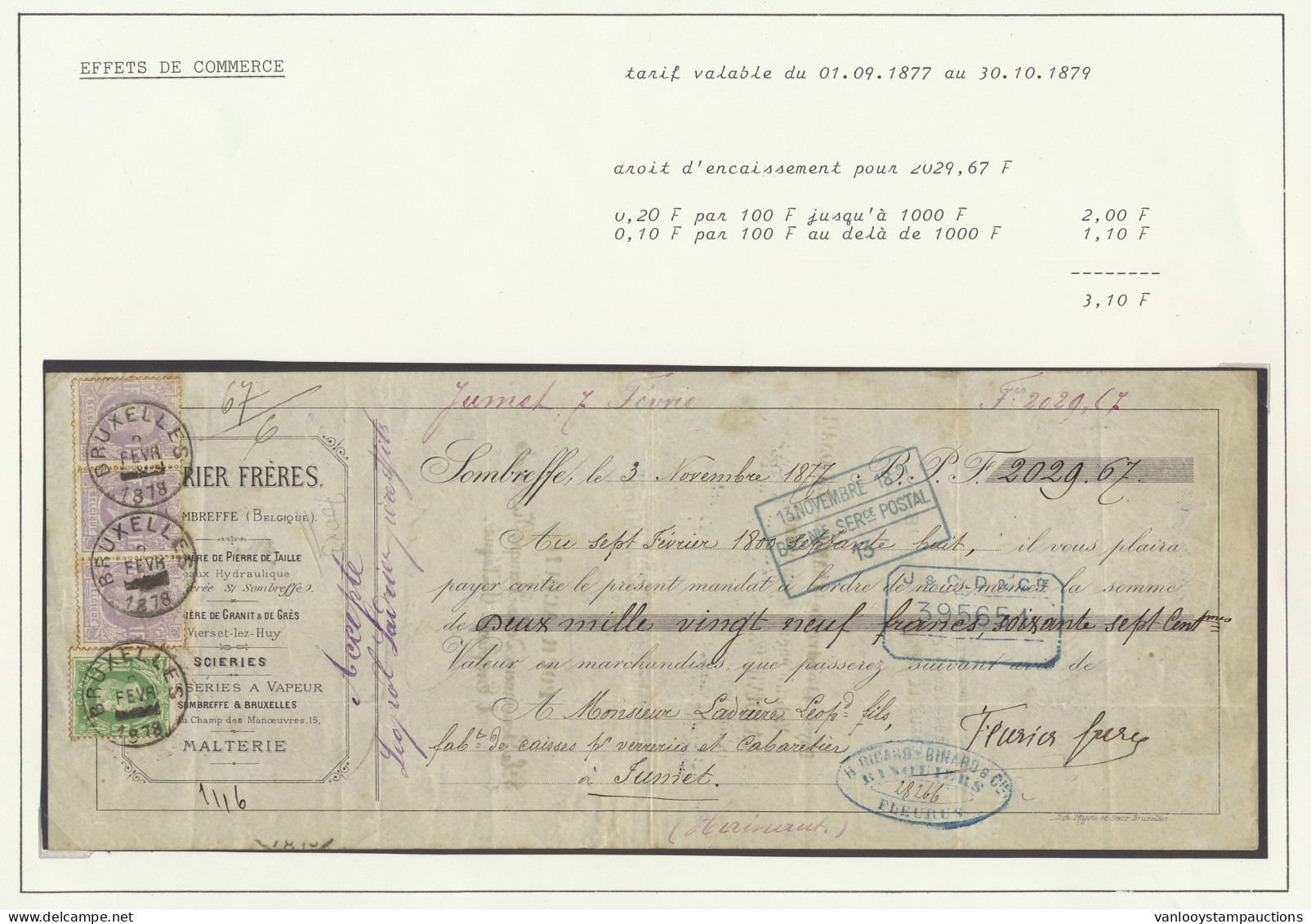 0/PWS 3 Handelseffecten, W.o. N° 30 En 36 (in Strook Van 3) Afgestempeld Brussel 02/1878 (roestvorming Op Tanding), N° 5 - 1869-1883 Leopold II