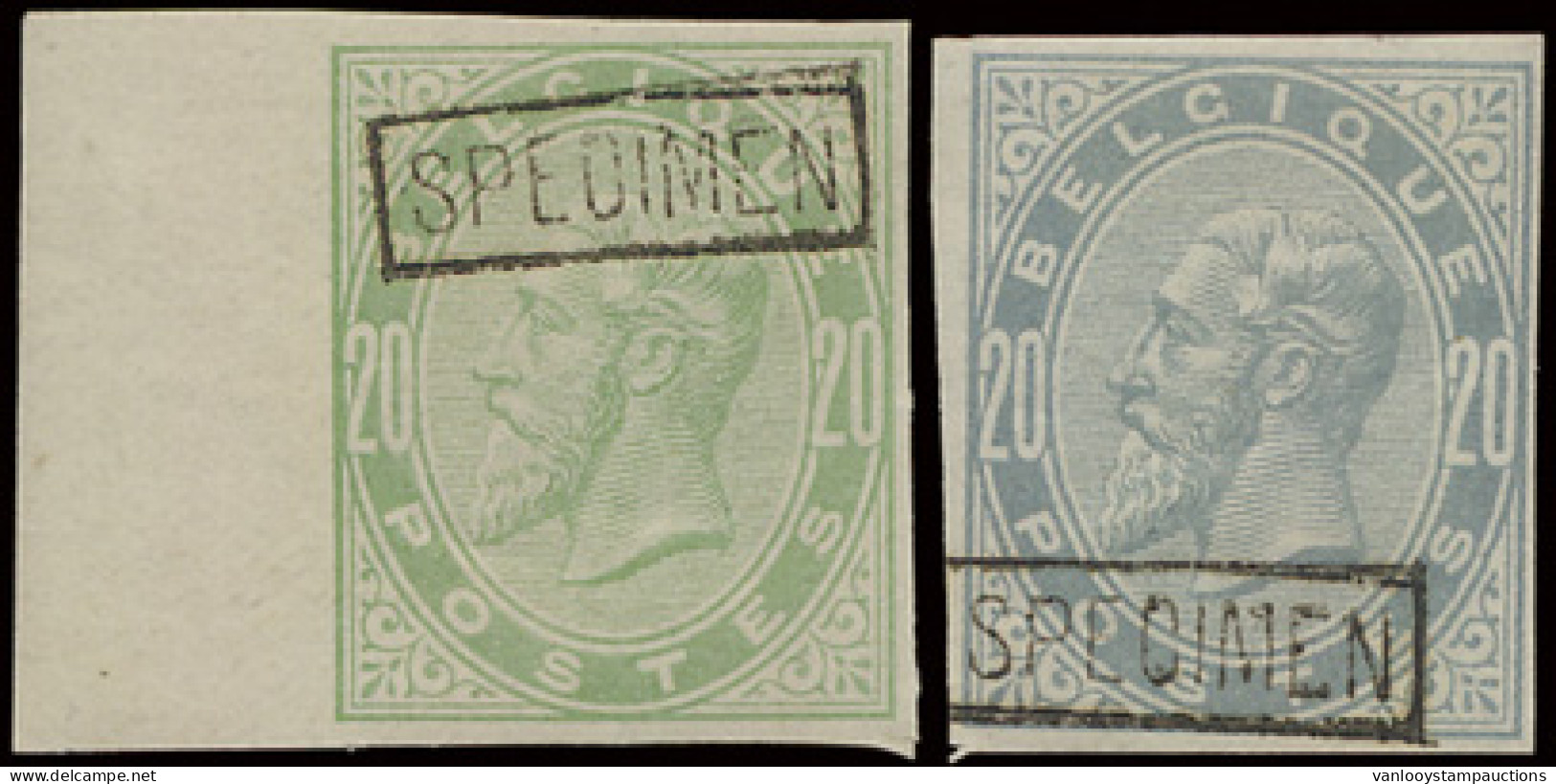 Type 39 (2x) Kleurproeven Op Wit Papier, Ongetand, Gegomd, Met *, Met Specimen In Kader, 20c. Groen Geel En 20c. Dof Bla - Essais & Réimpressions