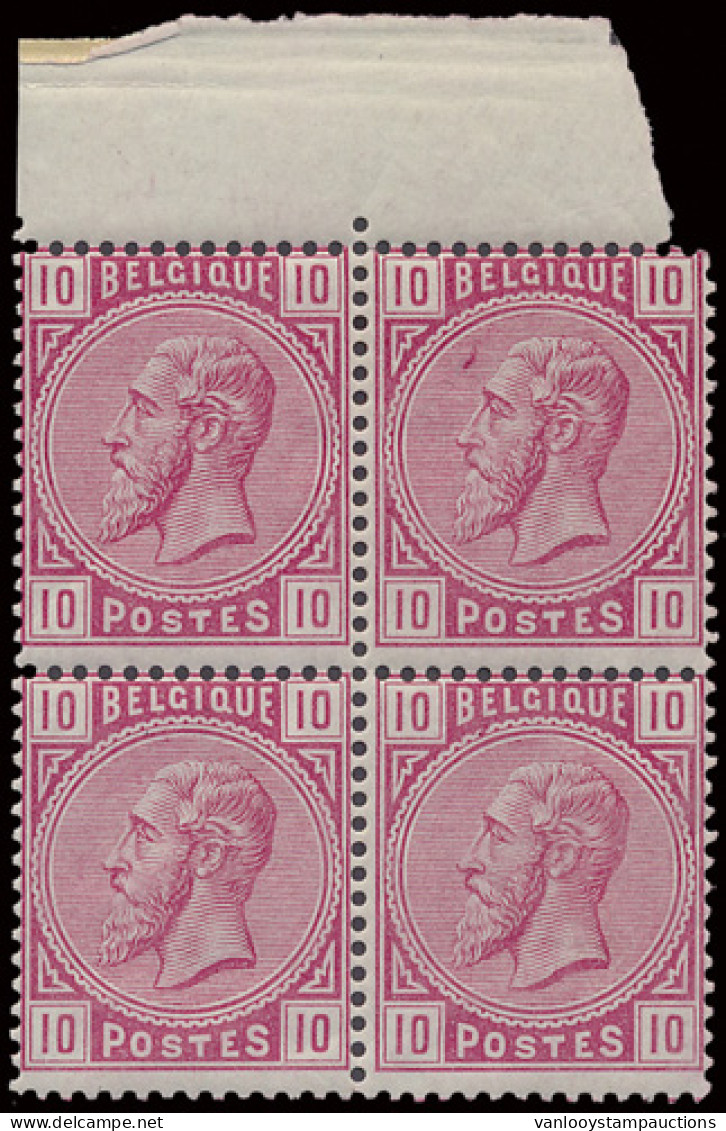 ** N° 38-Cu 10c. Roze In Blok Van 4 Met Curiositeit Vlek Aan Voorhoofd, Zm (OBP €340) - 1883 Leopold II