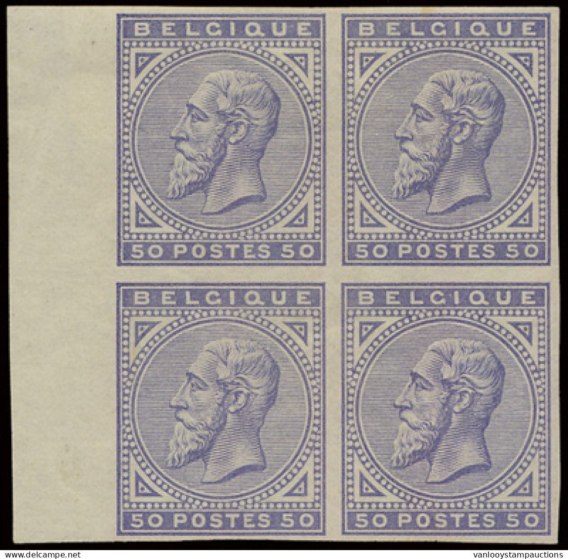 **/* N° 40/41 25c. Lichtblauw En 50c. Lichtviolet, Beide Ongetand In Blokken Van 4 Zegels Met Bladboord, Zm (OBP +/-€400 - 1883 Leopold II.