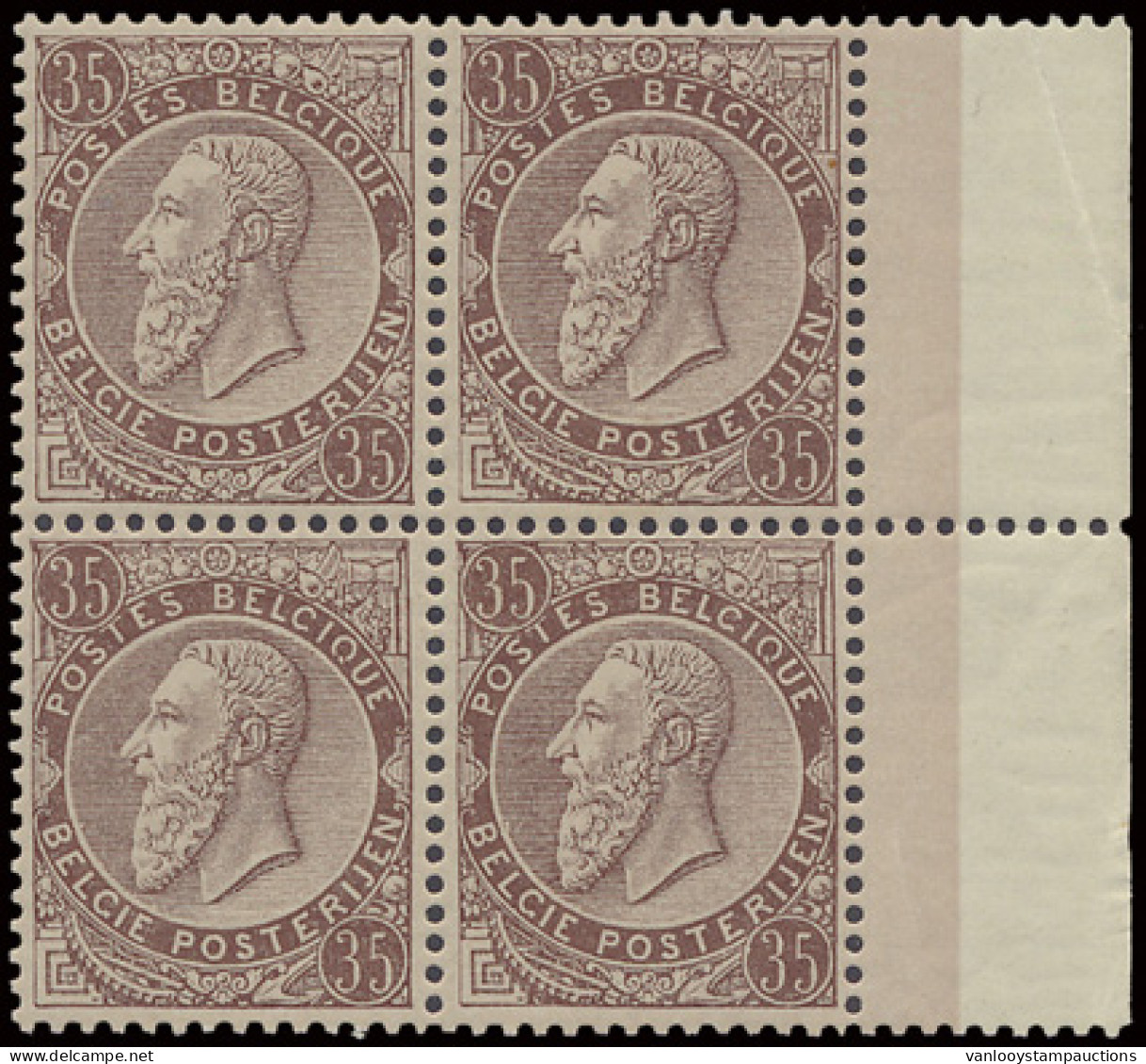 ** N° 49 35c. Paarsbruin In Blok Van 4 Met Rechterbladboord En Perfecte Centrage (+100%), Zm (OBP €600) - 1884-1891 Leopold II