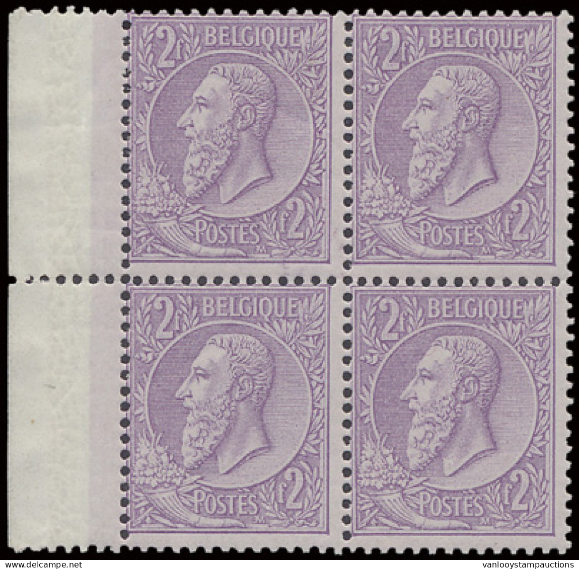 ** N° 52b 2fr. Op Gesatineerd Glanzend Papier In Blok Van 4, Zm (OBP €2.940) - 1884-1891 Leopold II.