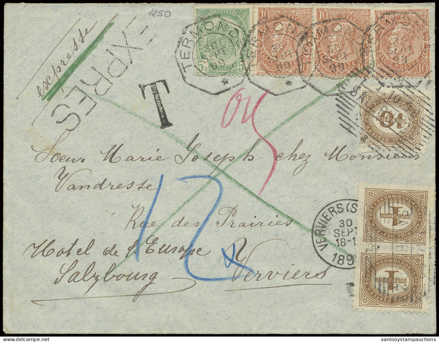 1899 N° 56 En 57 (3x) Op Prachtige Expresbrief Van Termonde Op 30 Sept 99 (telegraafstempel Met Dubbelcirkel En één Ster - 1893-1900 Thin Beard