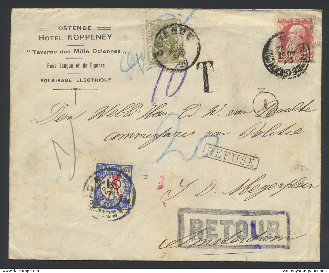 1906 N° 74 Op Brief Vanuit Oostende Op 24 Augustus 1906 Naar Amsterdam, Getaxeerd Op Aankomst, REFUSE Stempel, Brief Toe - 1905 Barba Grossa