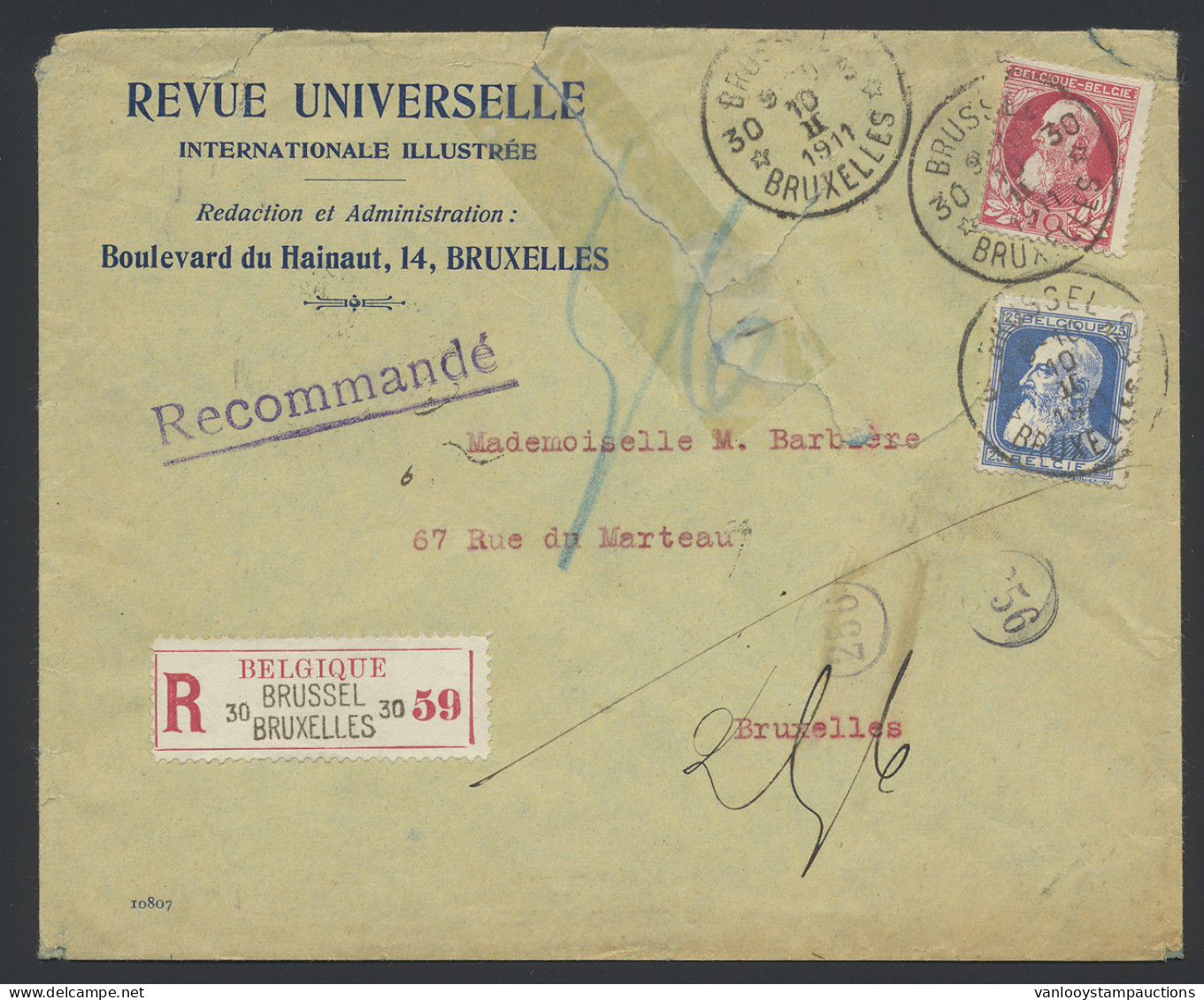 1911 N° 74 En 76 Brussel 30 - Bruxelles 30 Op 10.II.1911 (agentschap) Op Aangetekende Brief, T.s., M - 1905 Grosse Barbe