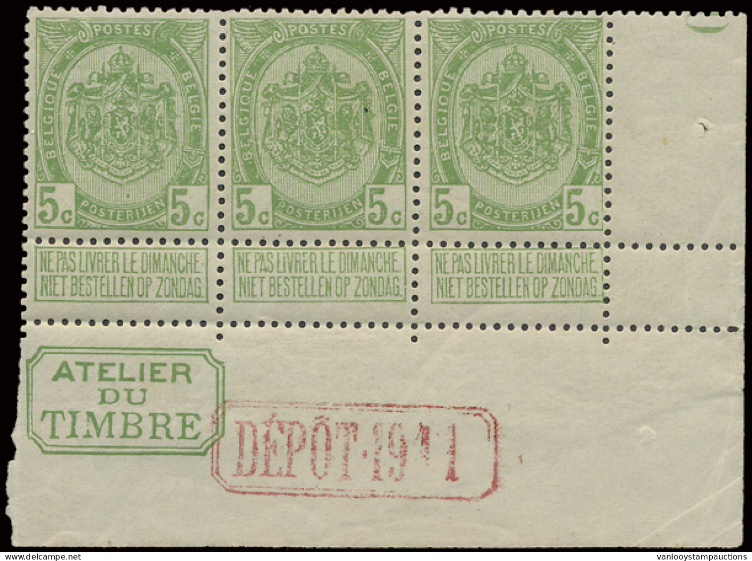 ** N° 83 '5 Cent.' (strip Van 3) Met 'Atelier Du Timbre' En 'Depot 1911', Zm (OBP € ++165) - 1893-1907 Armoiries