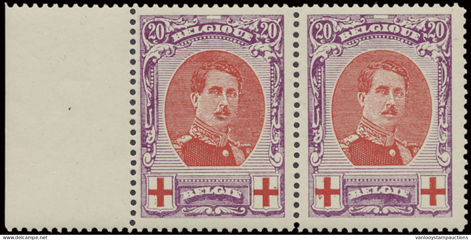 ** N° 134A 20c. Violet In Paar, Tanding 12 (linkerzegel Met Papierrestje In Gom), Zm (OBP €550) - 1914-1915 Croix-Rouge