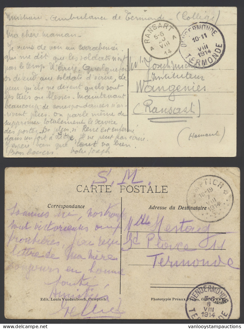 1914 Twee Postkaarten In Militair Portvrijdom Verstuurd Uit Dendermonde-Termonde (uit De Militaire Ambulance Daar) Op 19 - Esercito Belga