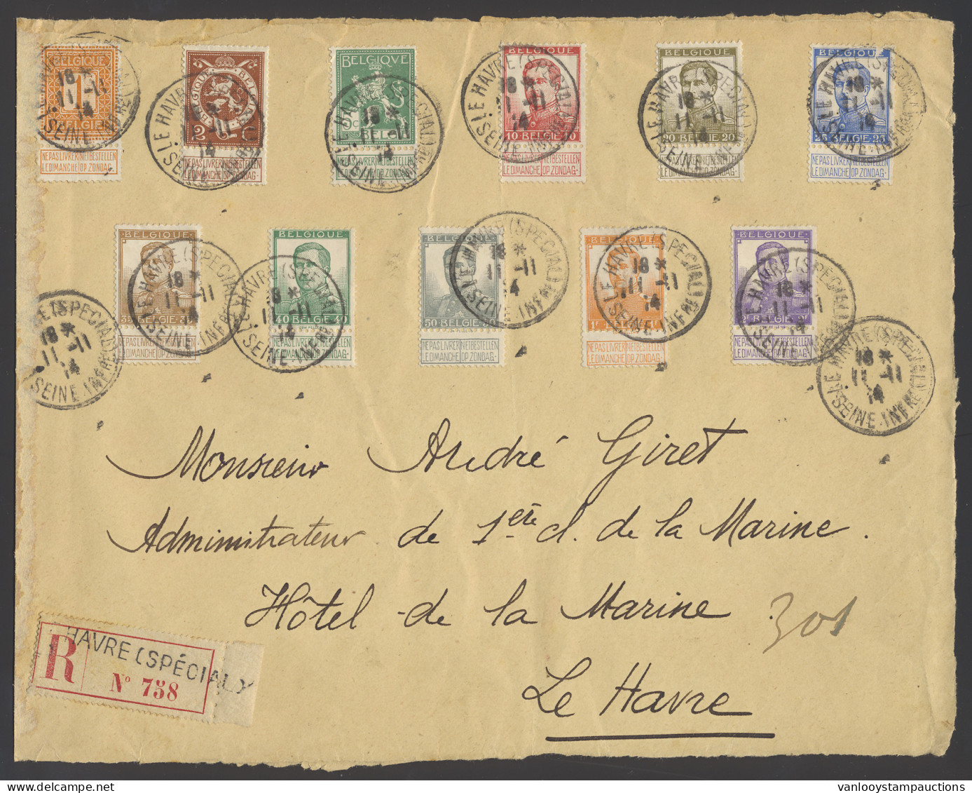 1914/1915 Vijf Brieven En Briefstukken Alle Gefrankeerd Met Pellens Postzegels, W.o. Een 5fr. Waarde Als Enkelfrankering - Esercito Belga