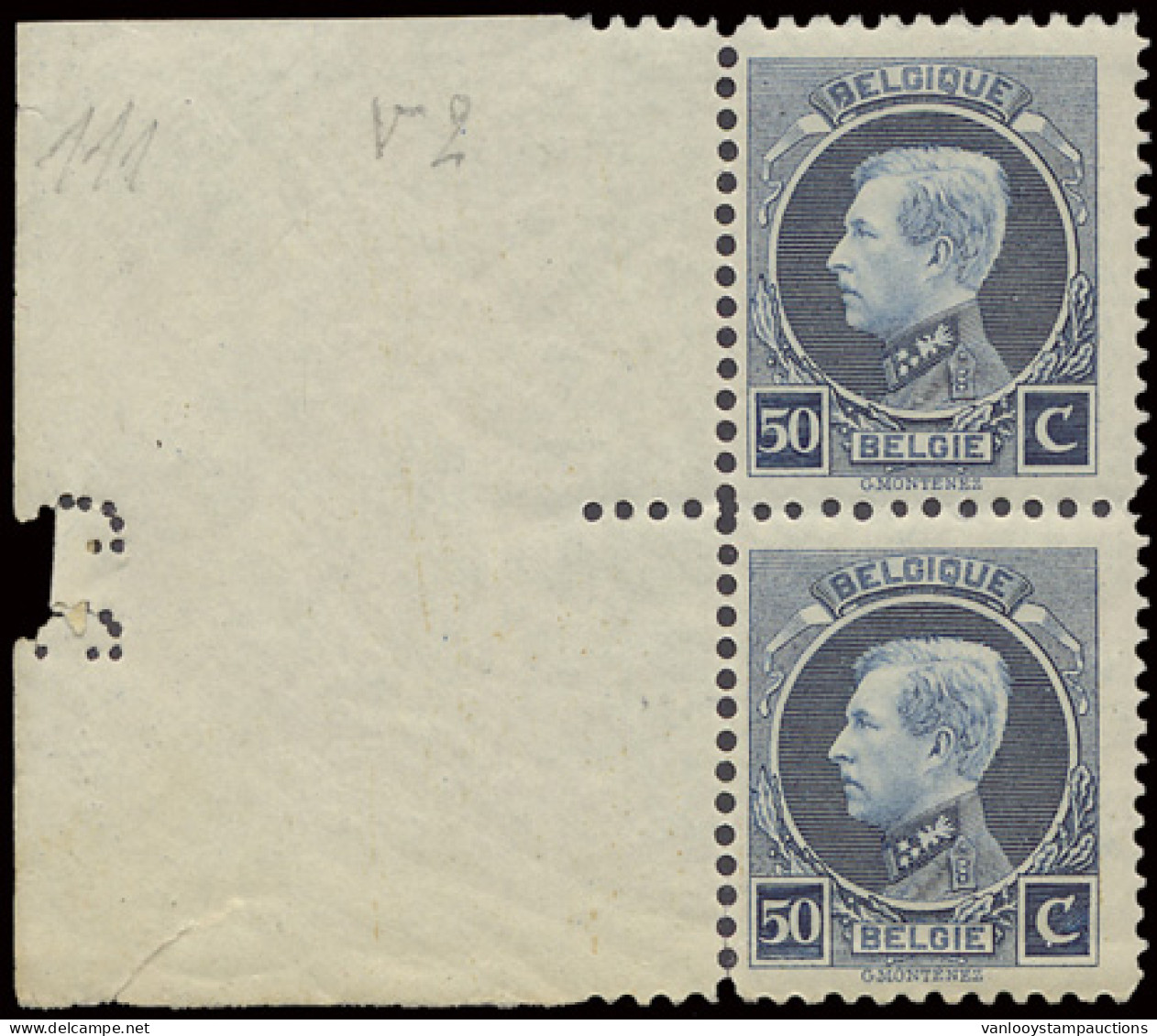 ** N° 211D-V2 In Paar 50c. Blauw, B Van Belgique Gebroken, Zm (OBP €45 + 200% + €45 = €180) - 1921-1925 Petit Montenez