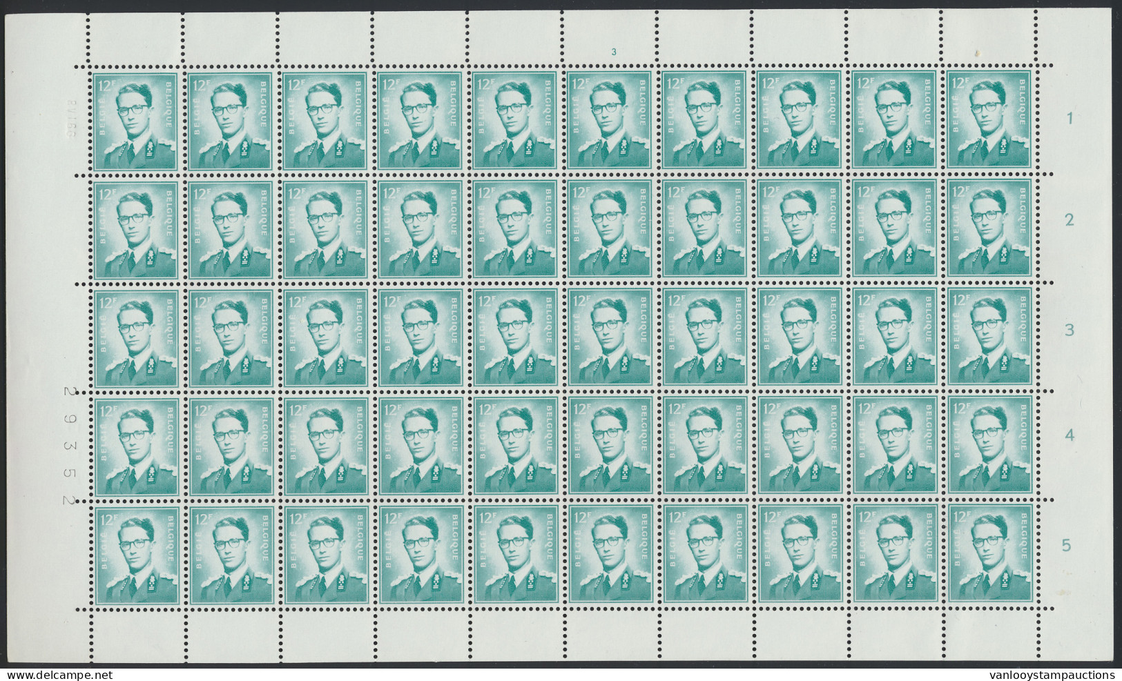 ** N° 1371 12fr. Blauwgroen In 2 Volledige Vellen Van 50 Met Plaatnr. 1 En 3, Drukdatum 8.VII.66, Zm (OBP €1.500) - 1953-1972 Occhiali